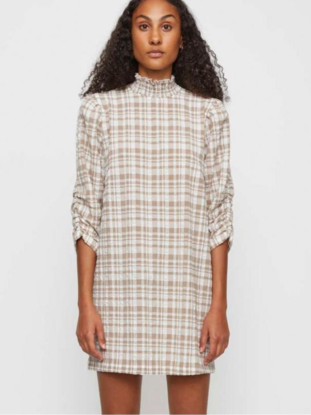 Just female, seersucker Beige and White Plaid High-Neck Women’s Dress